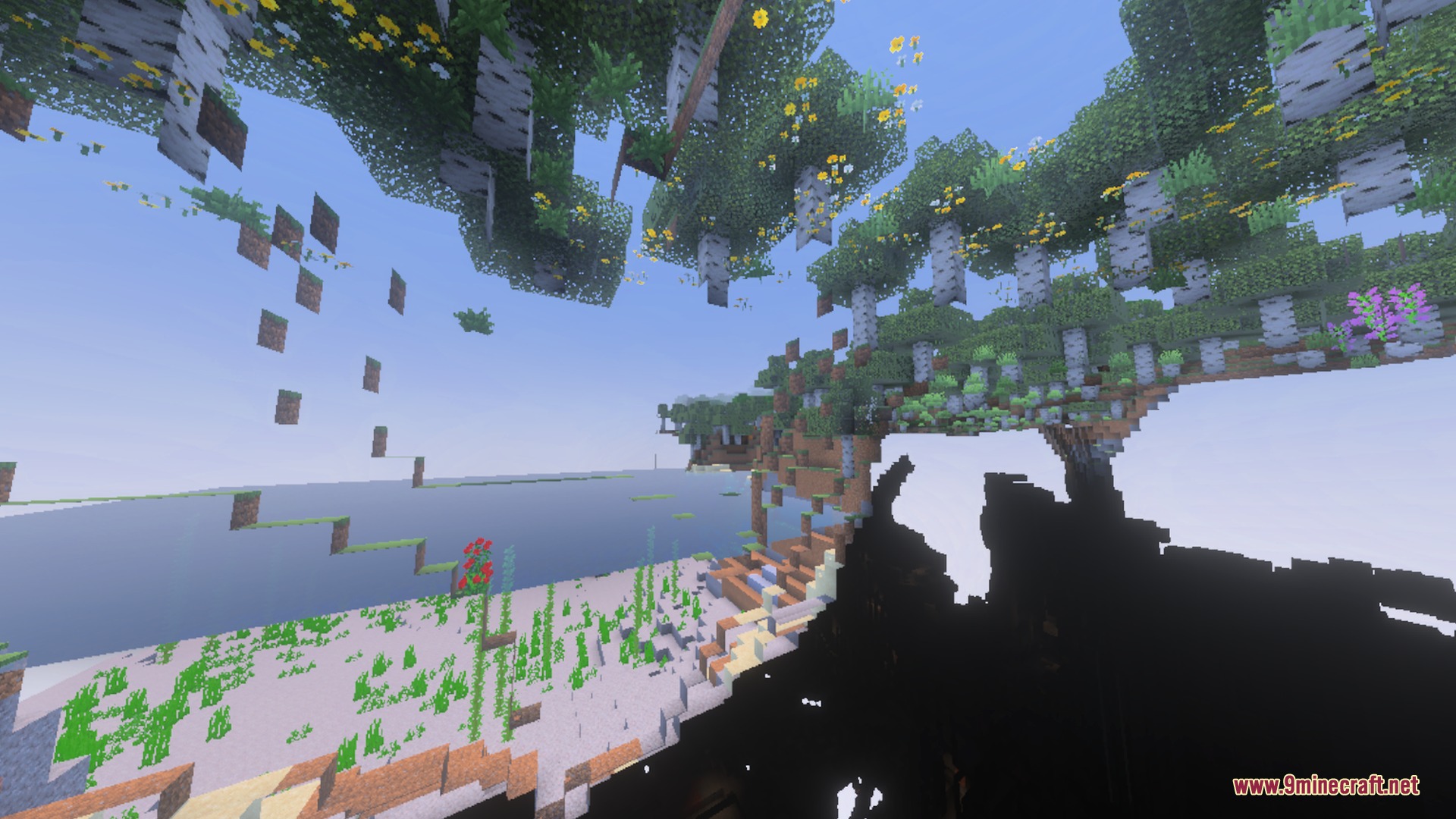 Surreal Minecraft world featuring floating birch trees and transparent terrain layers above water