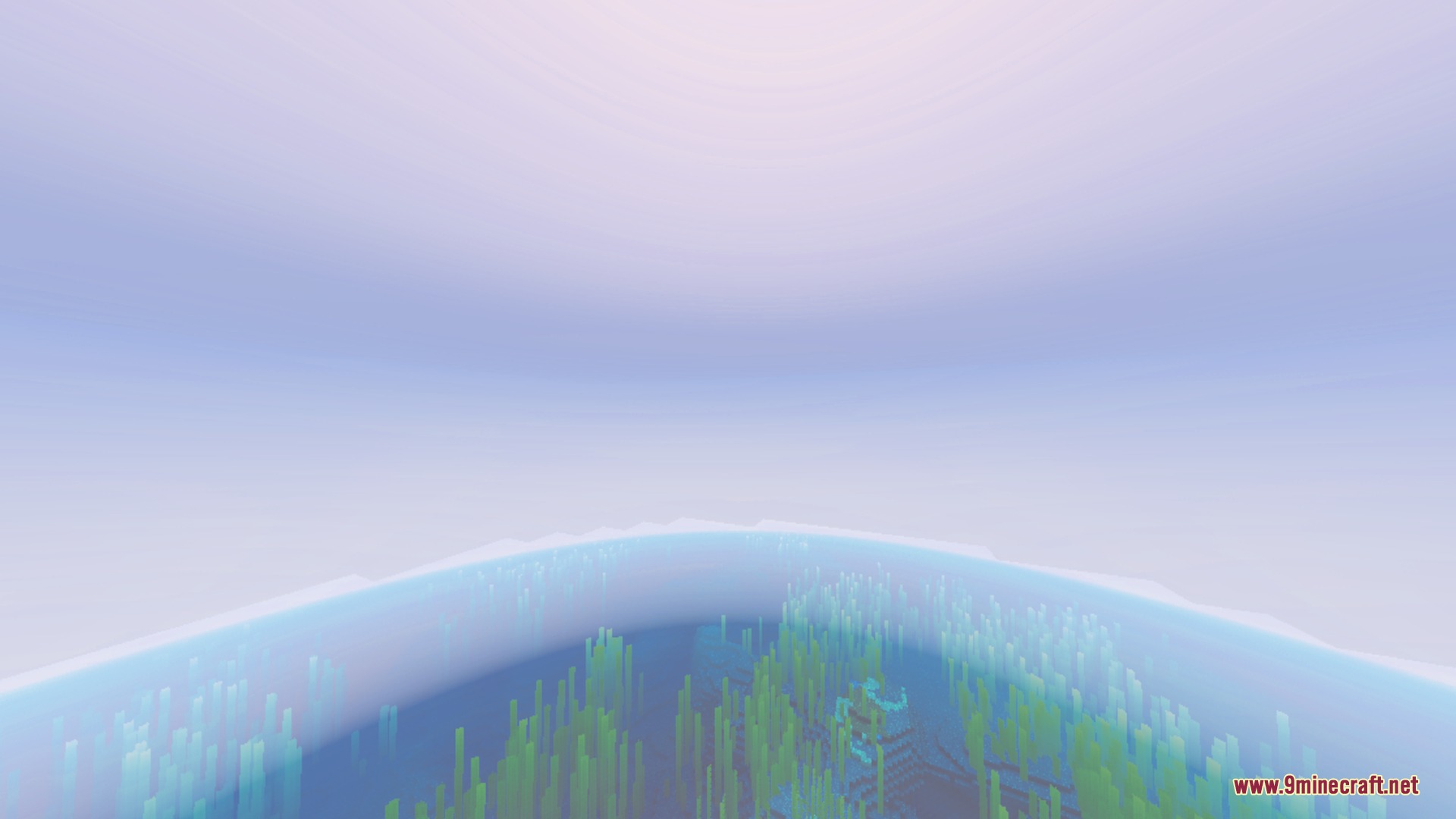 Underwater view of green seagrass and clear blue water under hazy sky