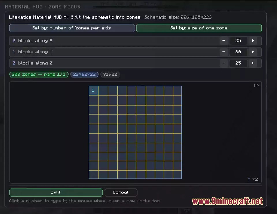 Interface for dividing a large Minecraft schematic into smaller building zones