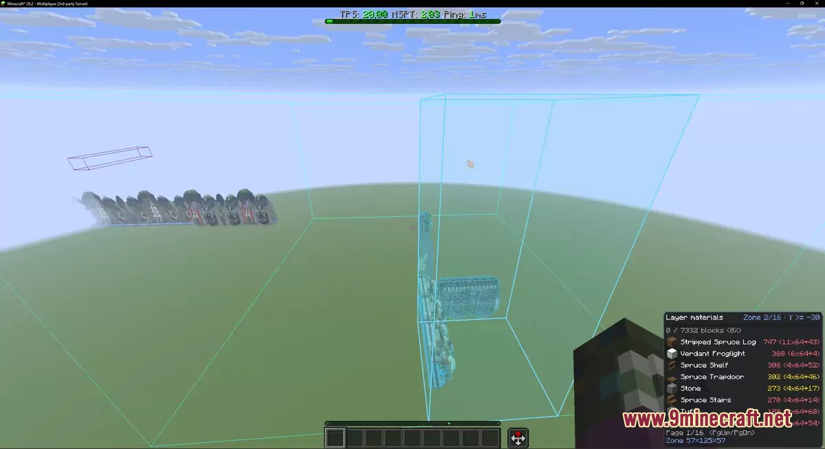 Player viewing a blue wireframe schematic with a material list display