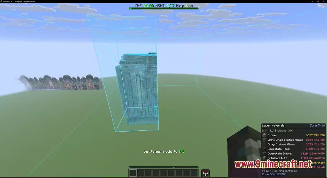 Partially built structure inside a blue schematic box in a flat world