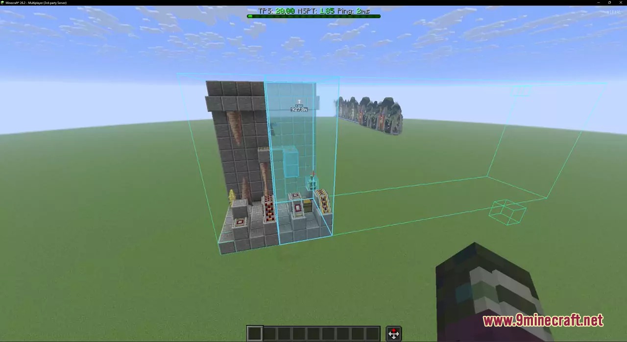Blue bounding boxes highlight a stone structure schematic in a flat Minecraft world