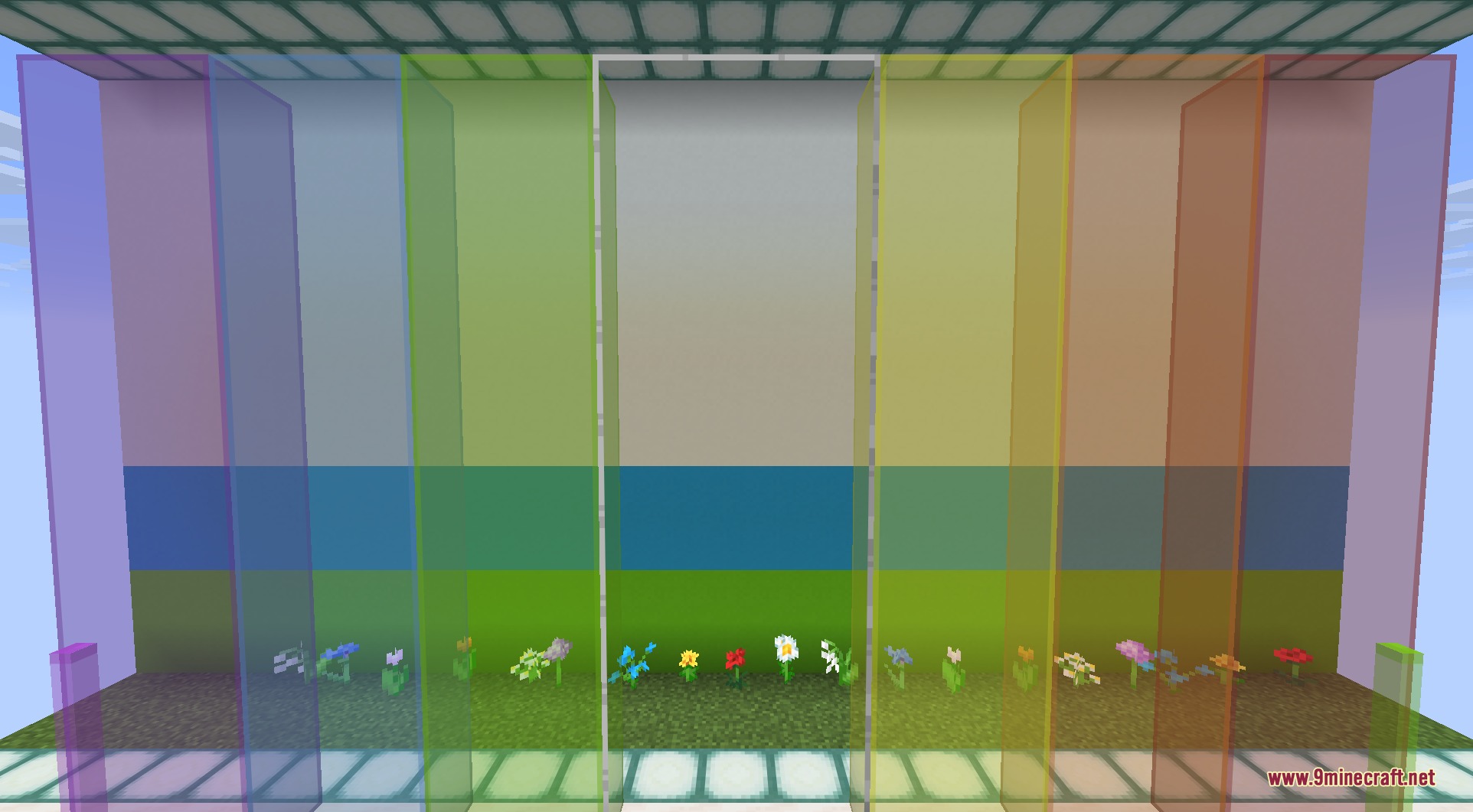 A row of various colored stained glass panes with seamless connected textures