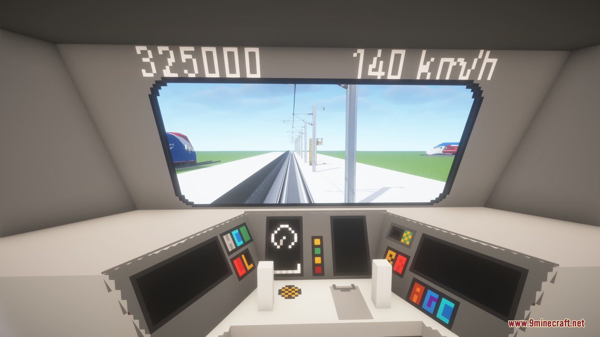 Steel Pulse Transit Resource Pack Screenshot 2 Interior view of a modern train cockpit traveling at high speed on tracks