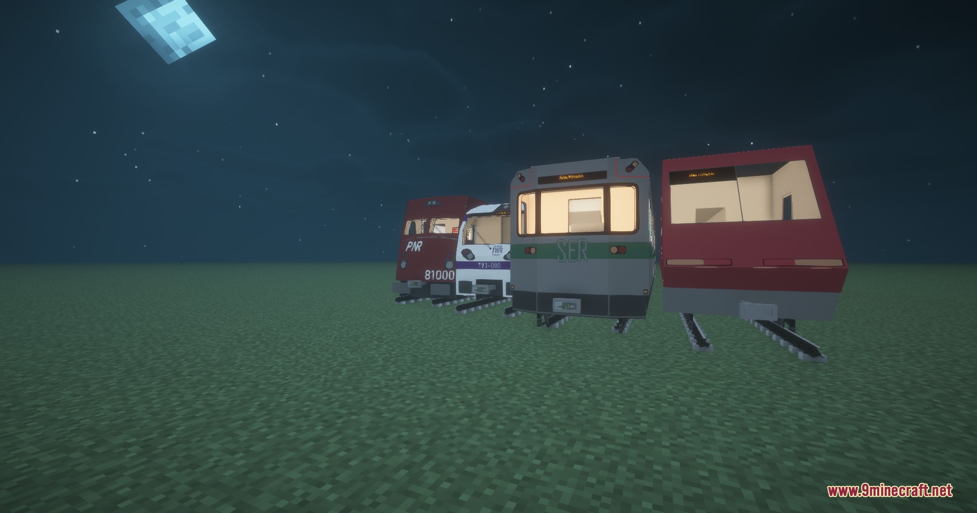 Steel Pulse Transit Resource Pack Screenshot 3 Various fictional train models from the Steel Pulse Transit pack at night