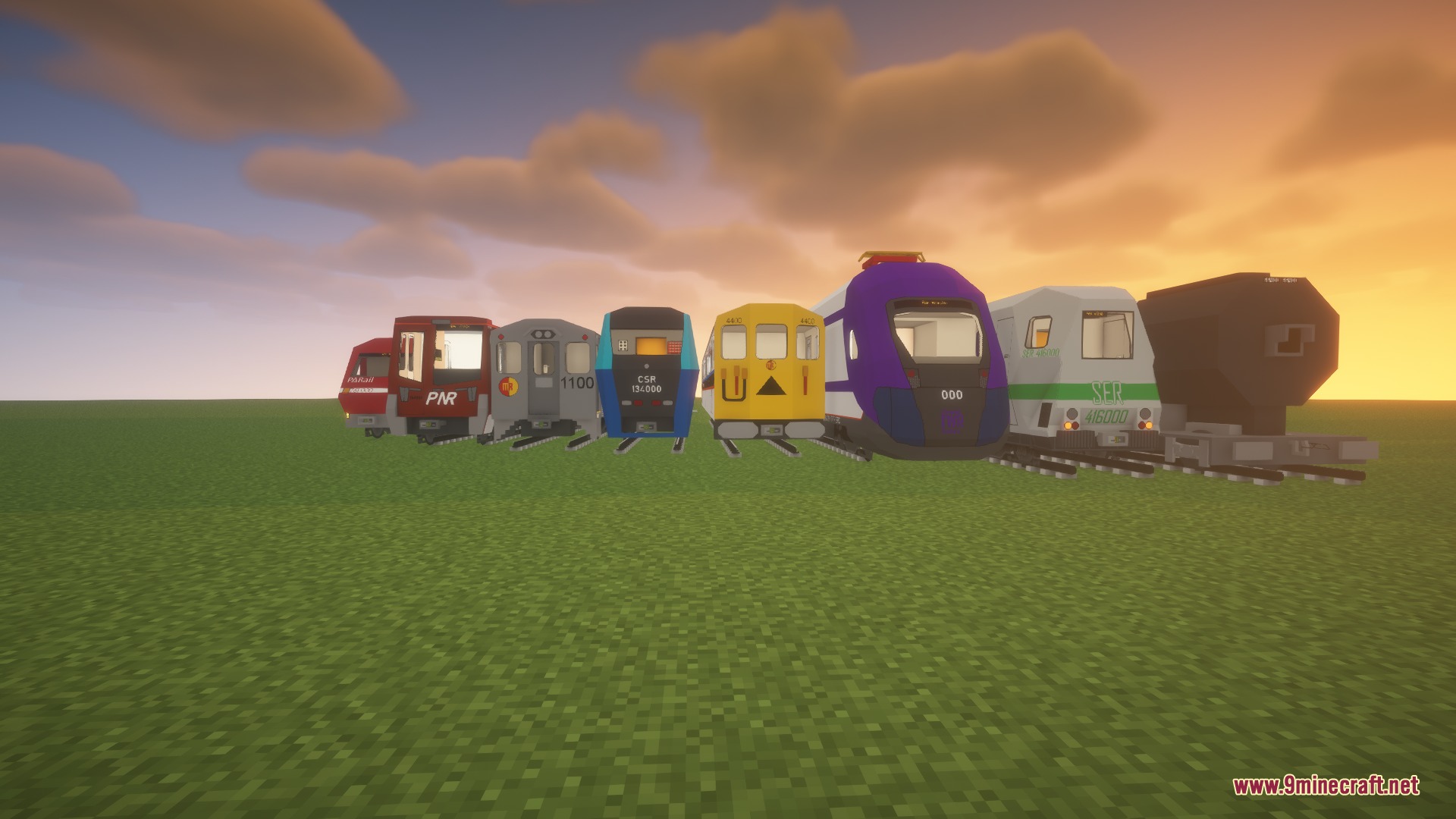 Steel Pulse Transit Resource Pack Screenshot 8 Various fictional train models lined up on tracks during a scenic sunset