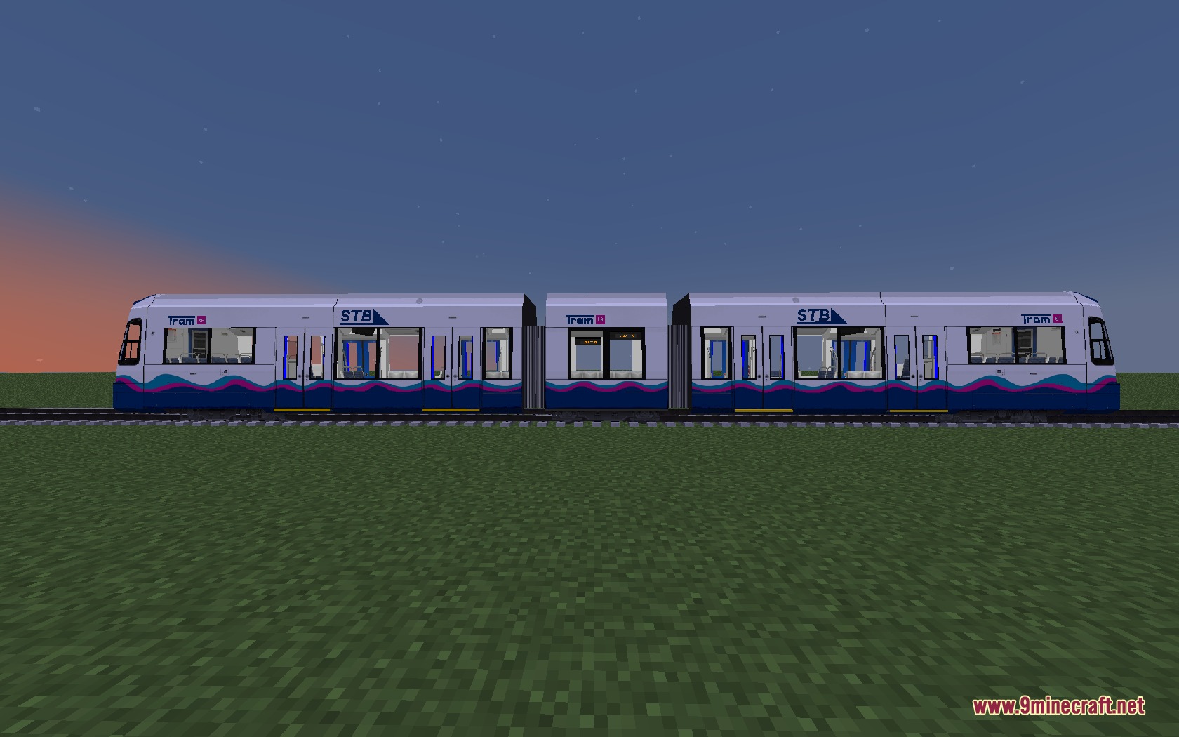 Steel Transit Blueprints Resource Pack Screenshot 2 A side view of a white and blue light rail tram on tracks