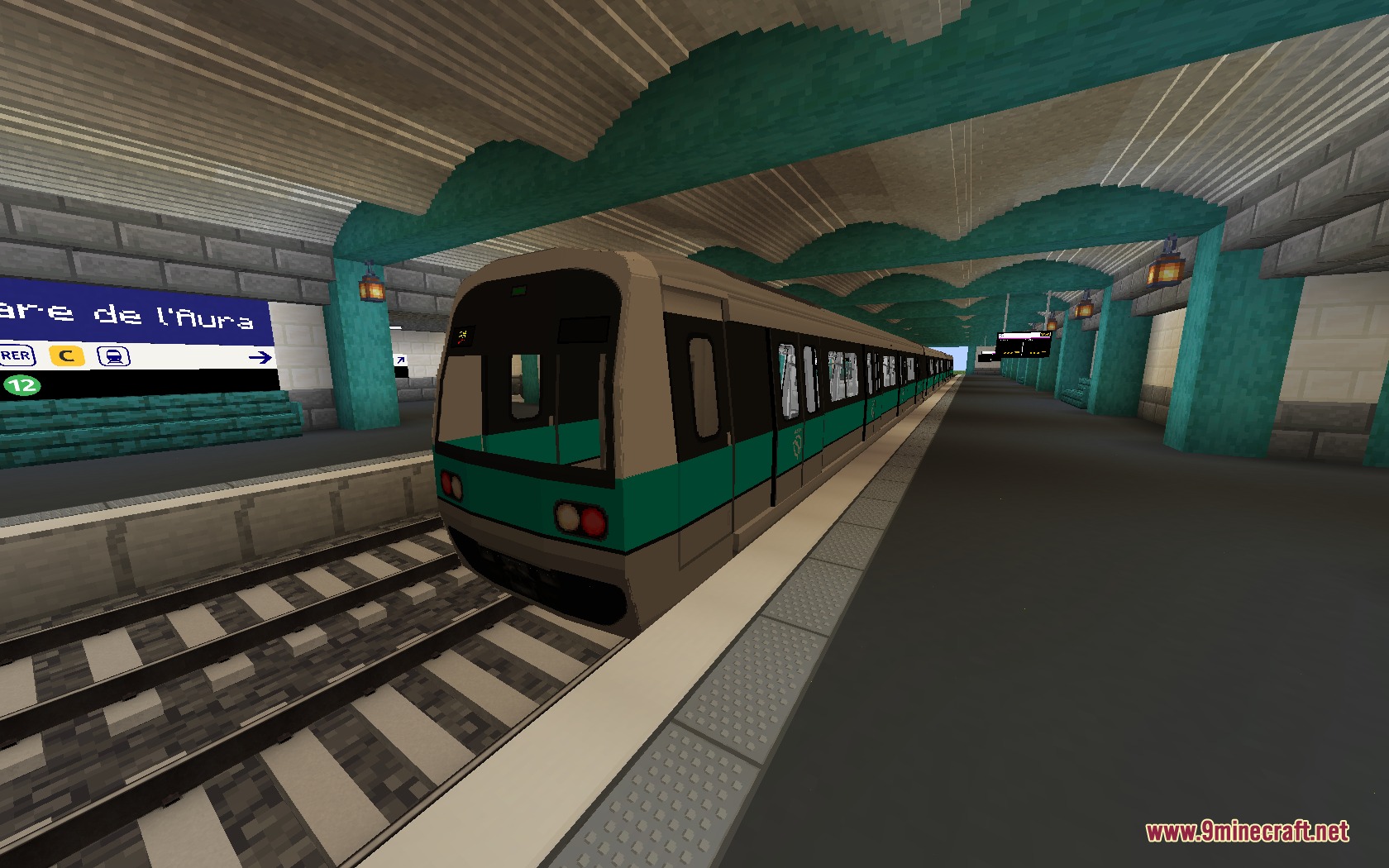 Steel Transit Blueprints Resource Pack Screenshot 7 A Steel Transit Blueprints metro train stopped at an underground station platform
