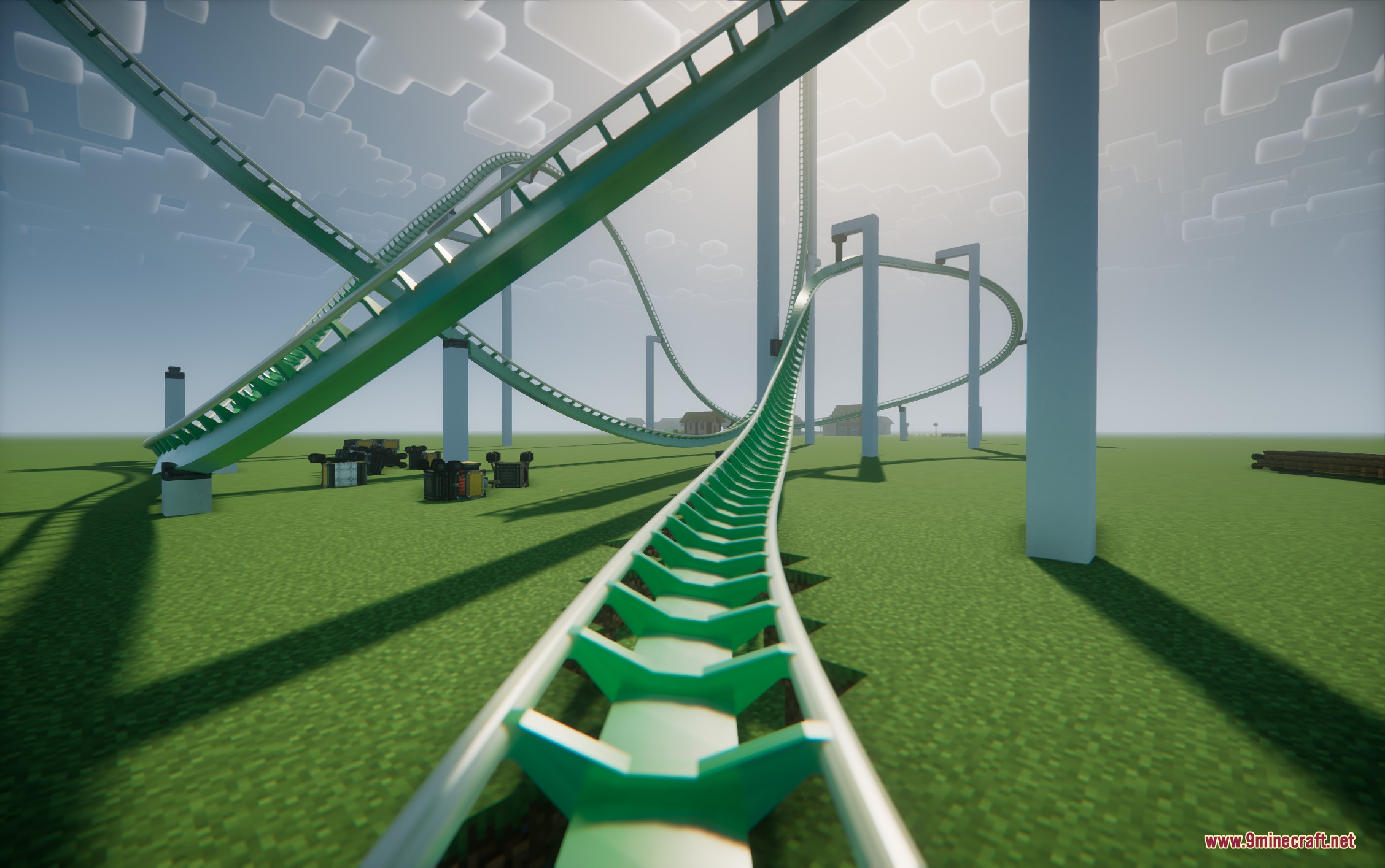 Steelbound Logistics Mod Screenshot 2 Green roller coaster tracks with white supports built on a flat grassy field