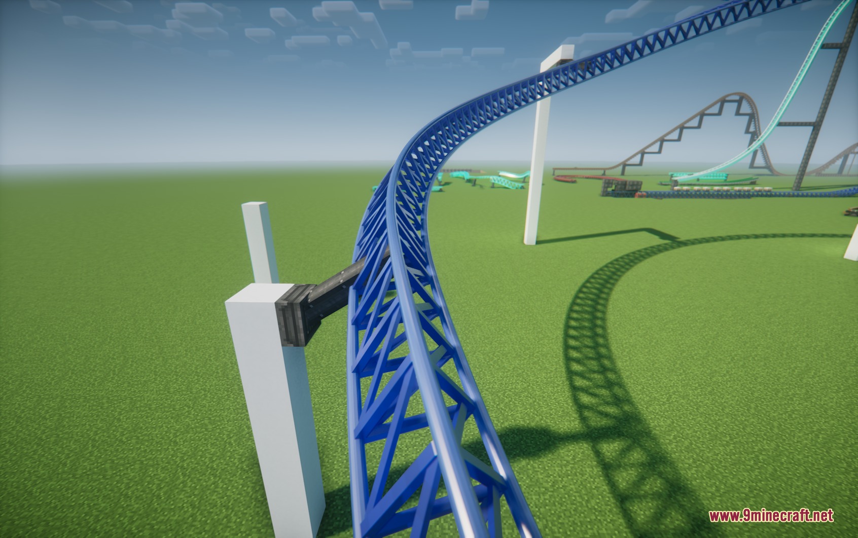 Steelbound Logistics Mod Screenshot 4 A blue roller coaster track supported by white pillars in a flat world