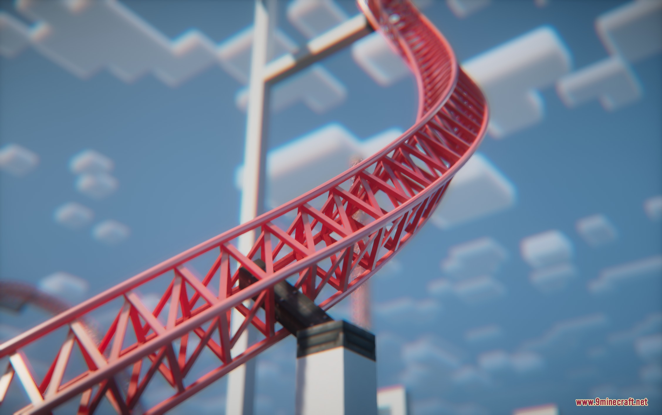 Steelbound Logistics Mod Screenshot 8 Red steel roller coaster track with a truss structure against a cloudy sky