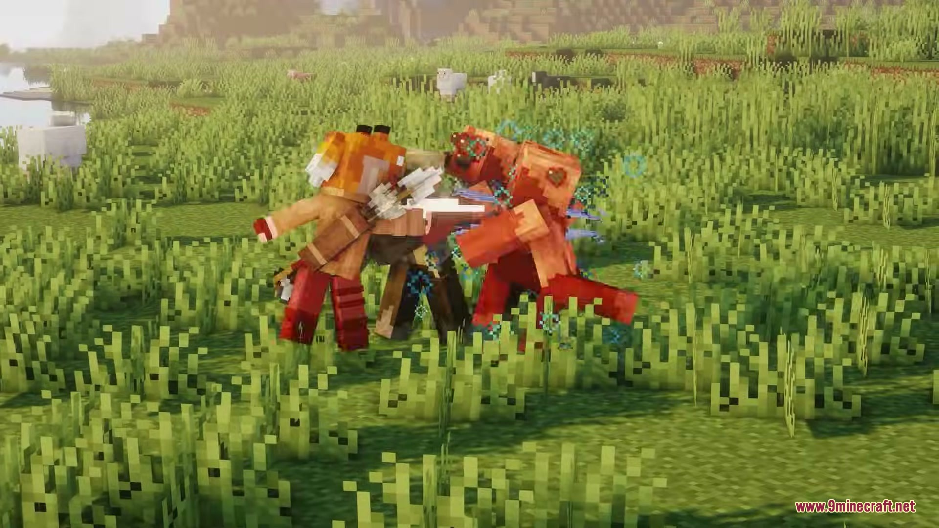 Two Minecraft characters engaged in combat within a lush green field