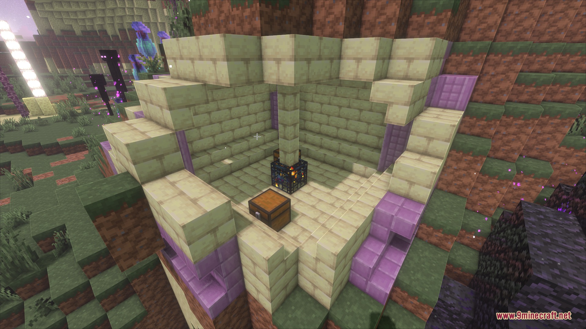 A custom End dungeon structure featuring a monster spawner and a loot chest