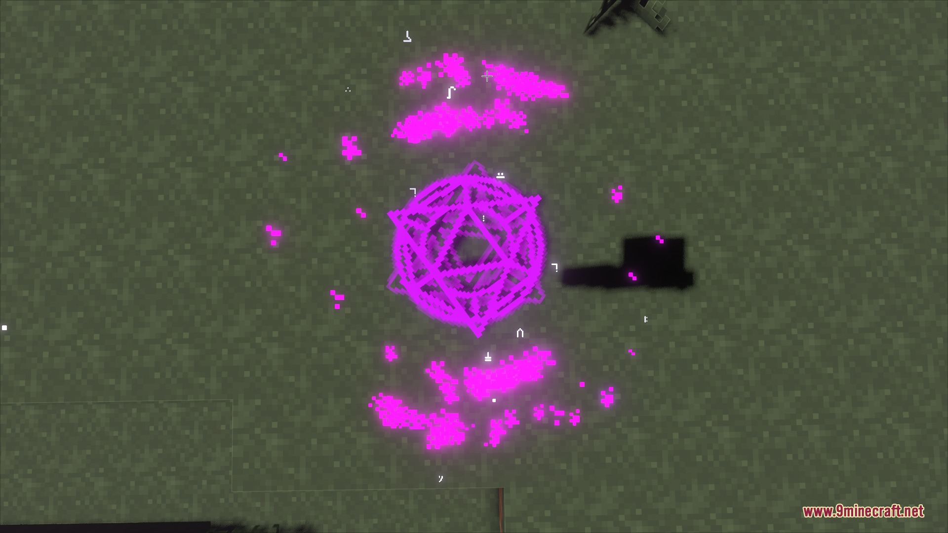 A glowing purple magical sigil appears on the grass in Minecraft