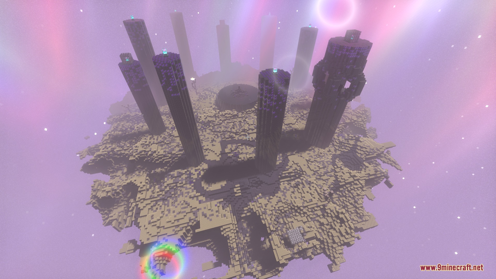 The End dimension features tall obsidian pillars and a vibrant colorful sky