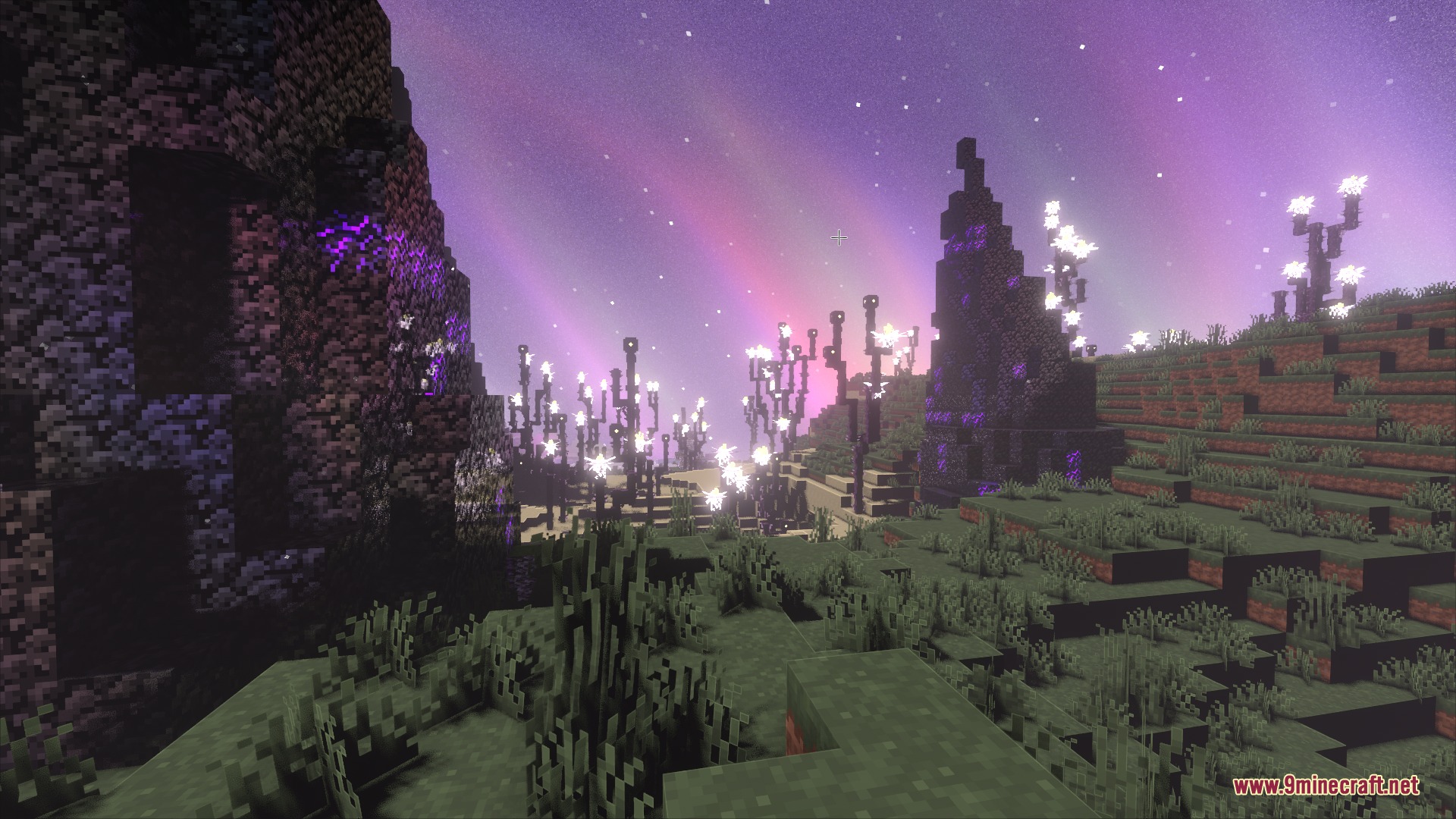 Glowing purple plants and dark structures stand under a bright pink aurora sky