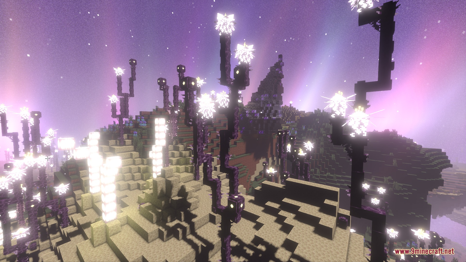 Tall black stalks with glowing white tops grow across the purple End landscape