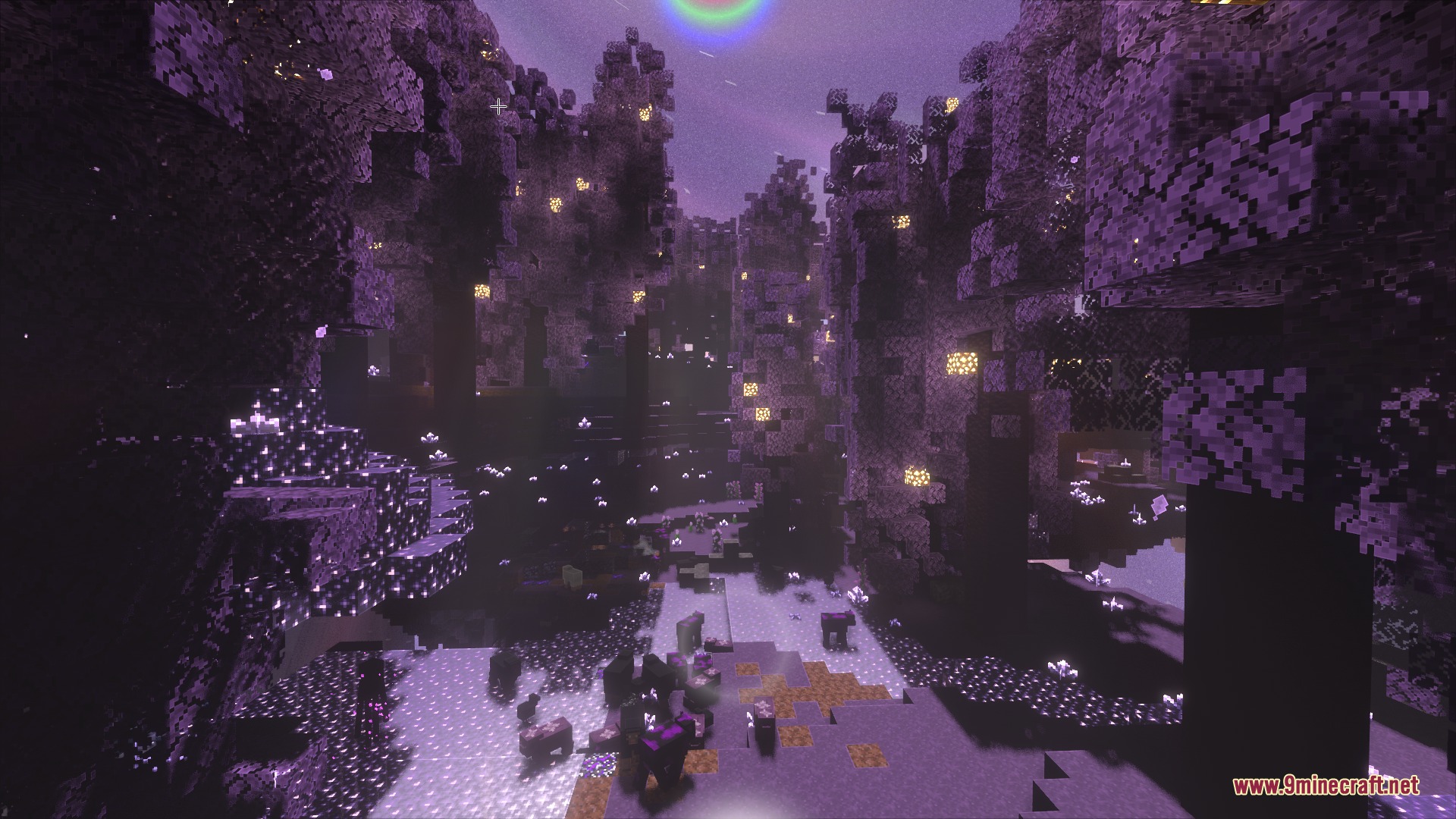 Dense purple trees and glowing crystals fill the mysterious Amethyst Forest biome