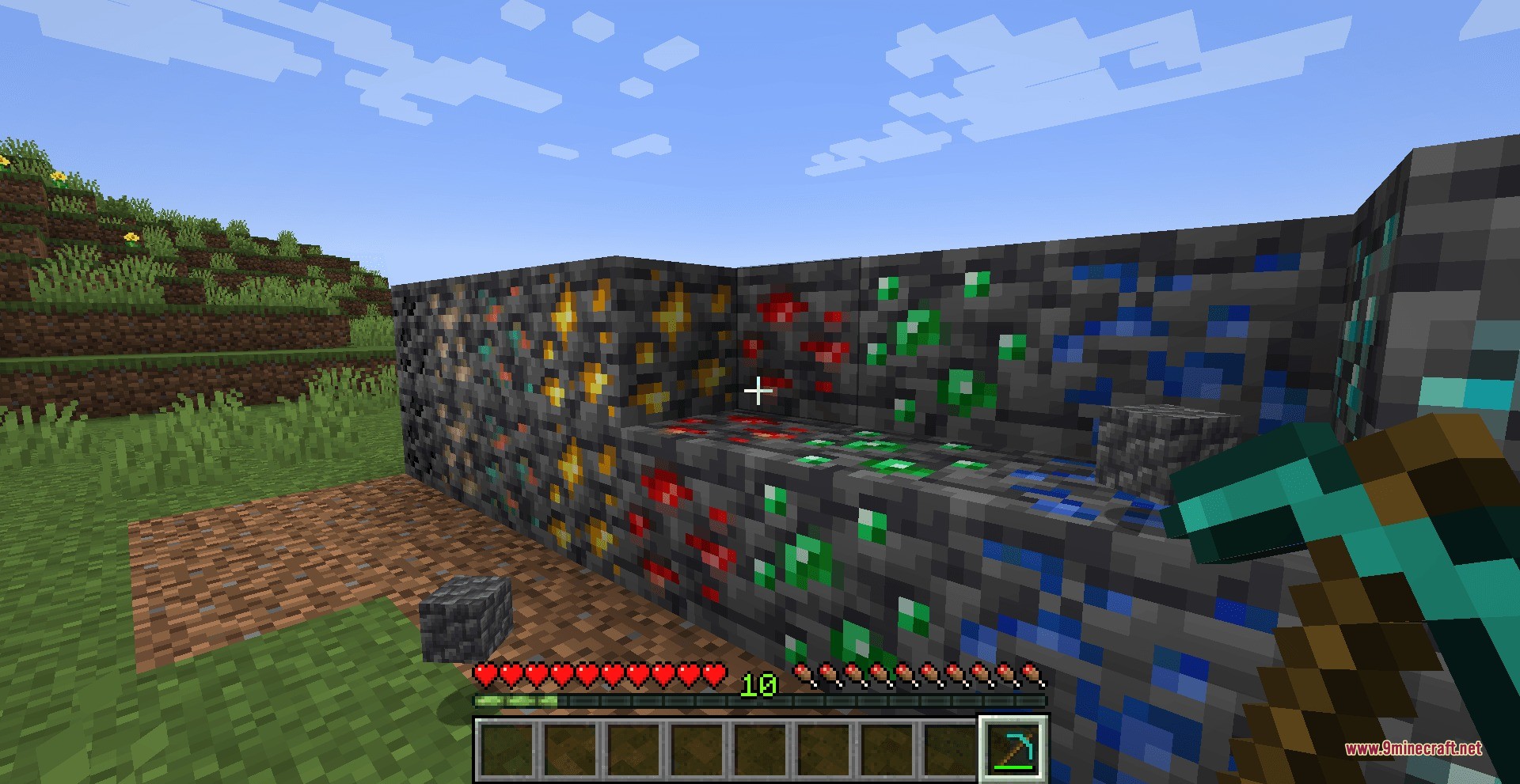 Stone Drops Data Pack Screenshot 2 A player stands before a wall of different ore blocks in Minecraft