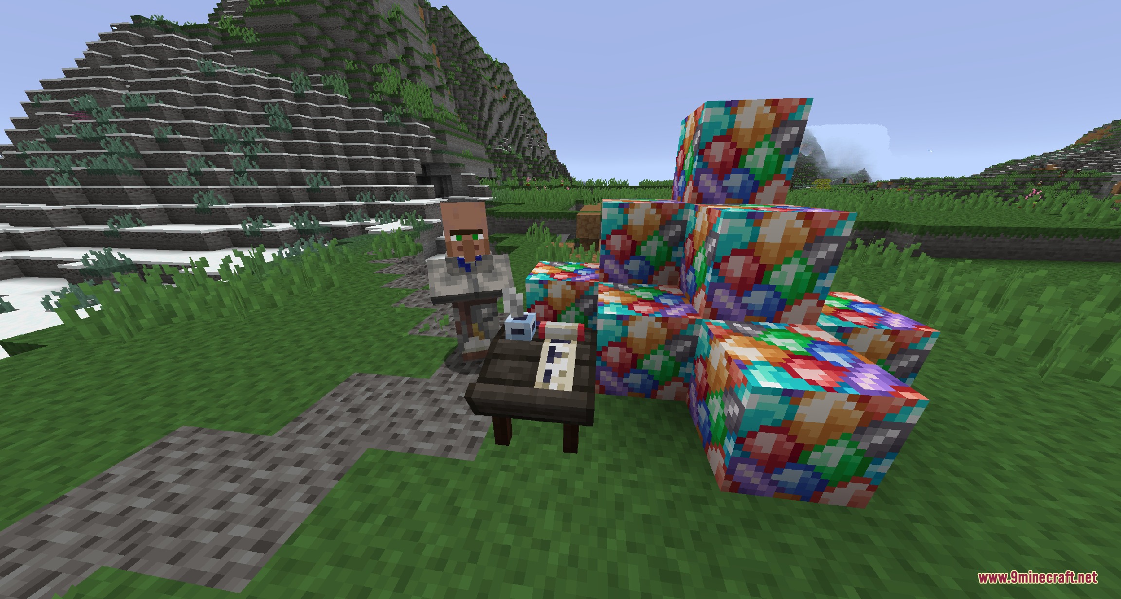 Stormward Mod Screenshot 1 A villager stands near a cartography table and stacks of colorful gem blocks