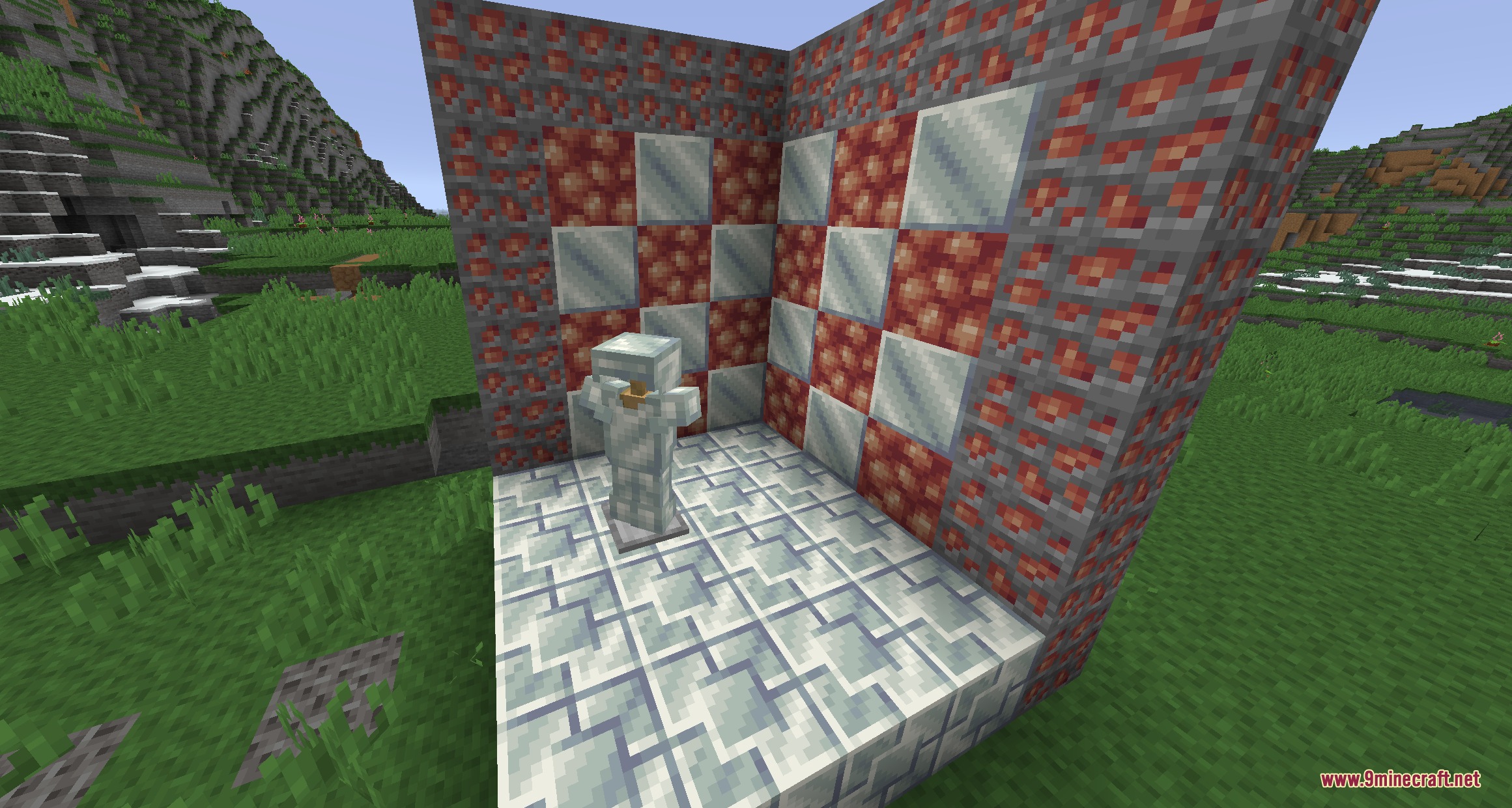 Stormward Mod Screenshot 2 An armor stand wearing shardplate armor inside a room made of custom blocks