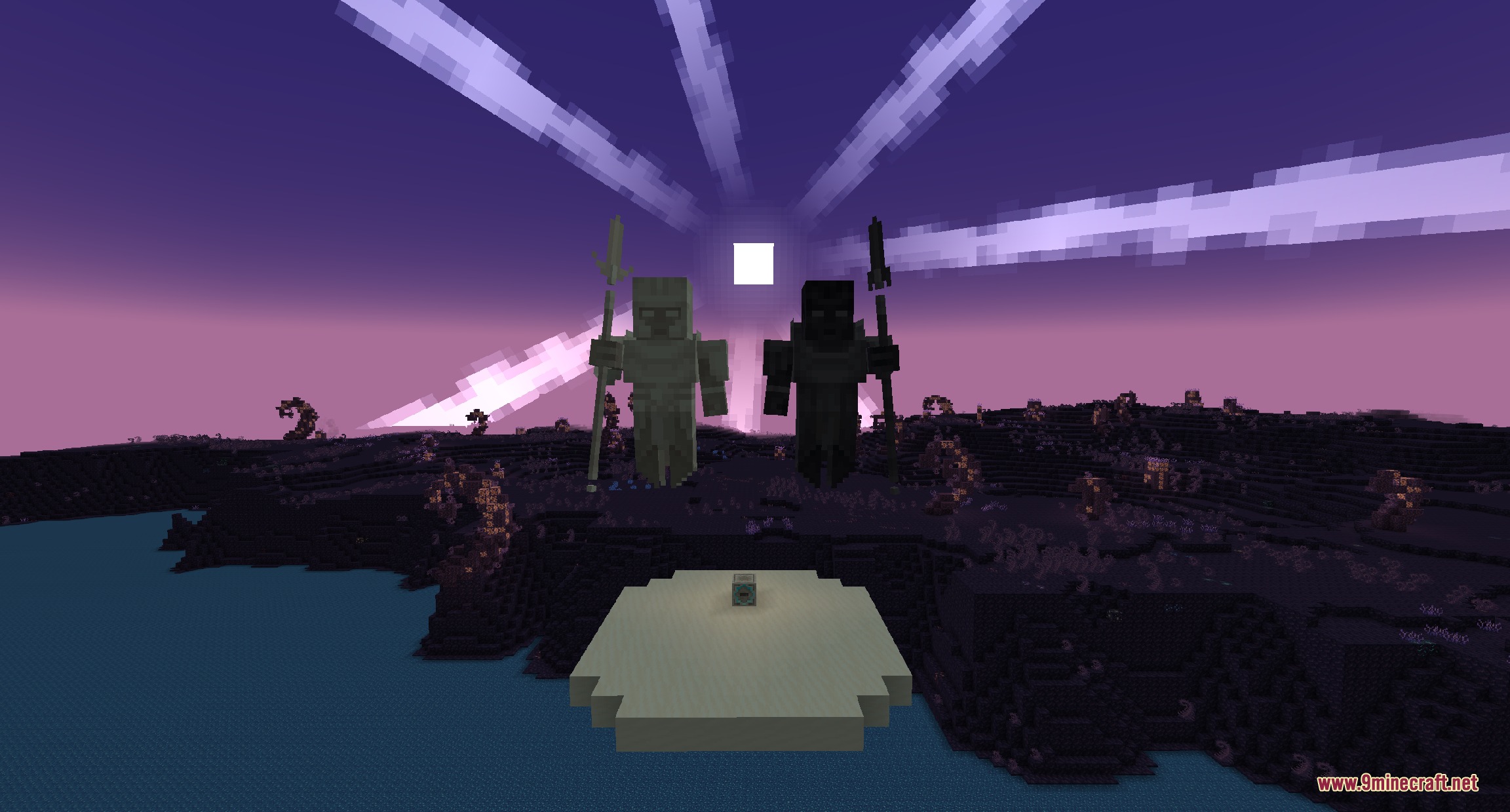 Stormward Mod Screenshot 3 Two massive warrior statues stand under a purple sky with radiating light beams