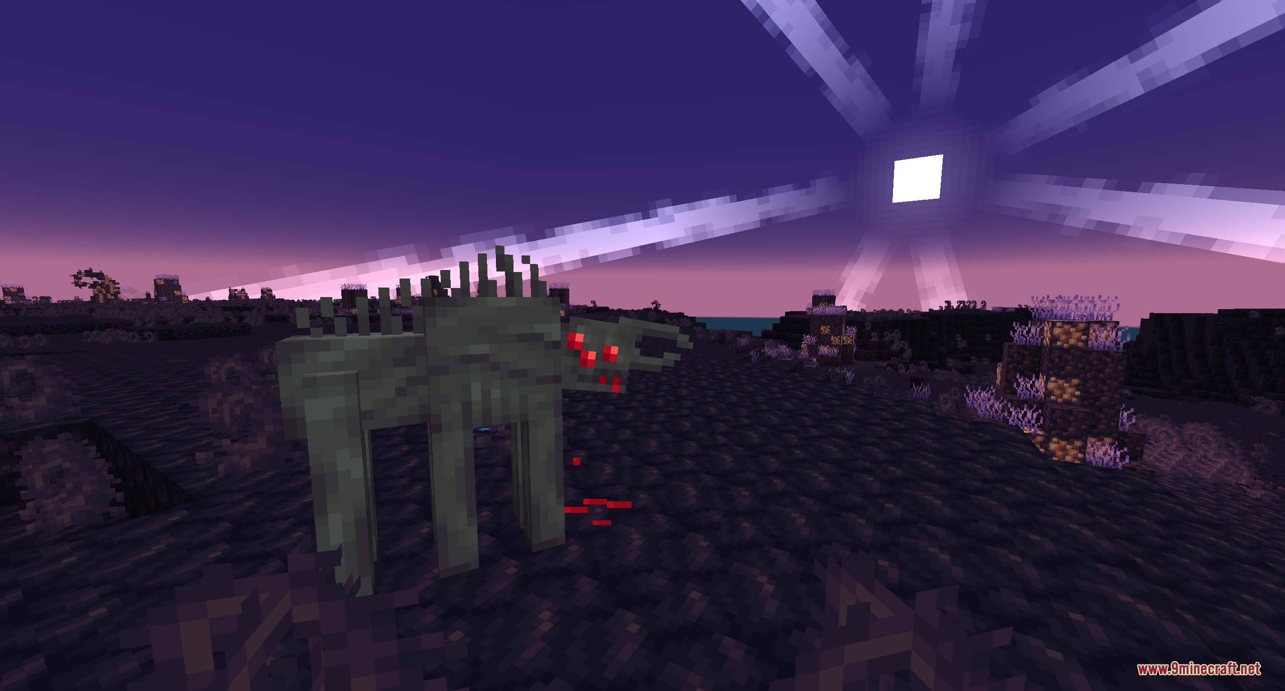 Stormward Mod Screenshot 5 A large spiked creature with glowing red eyes stands in a dark biome