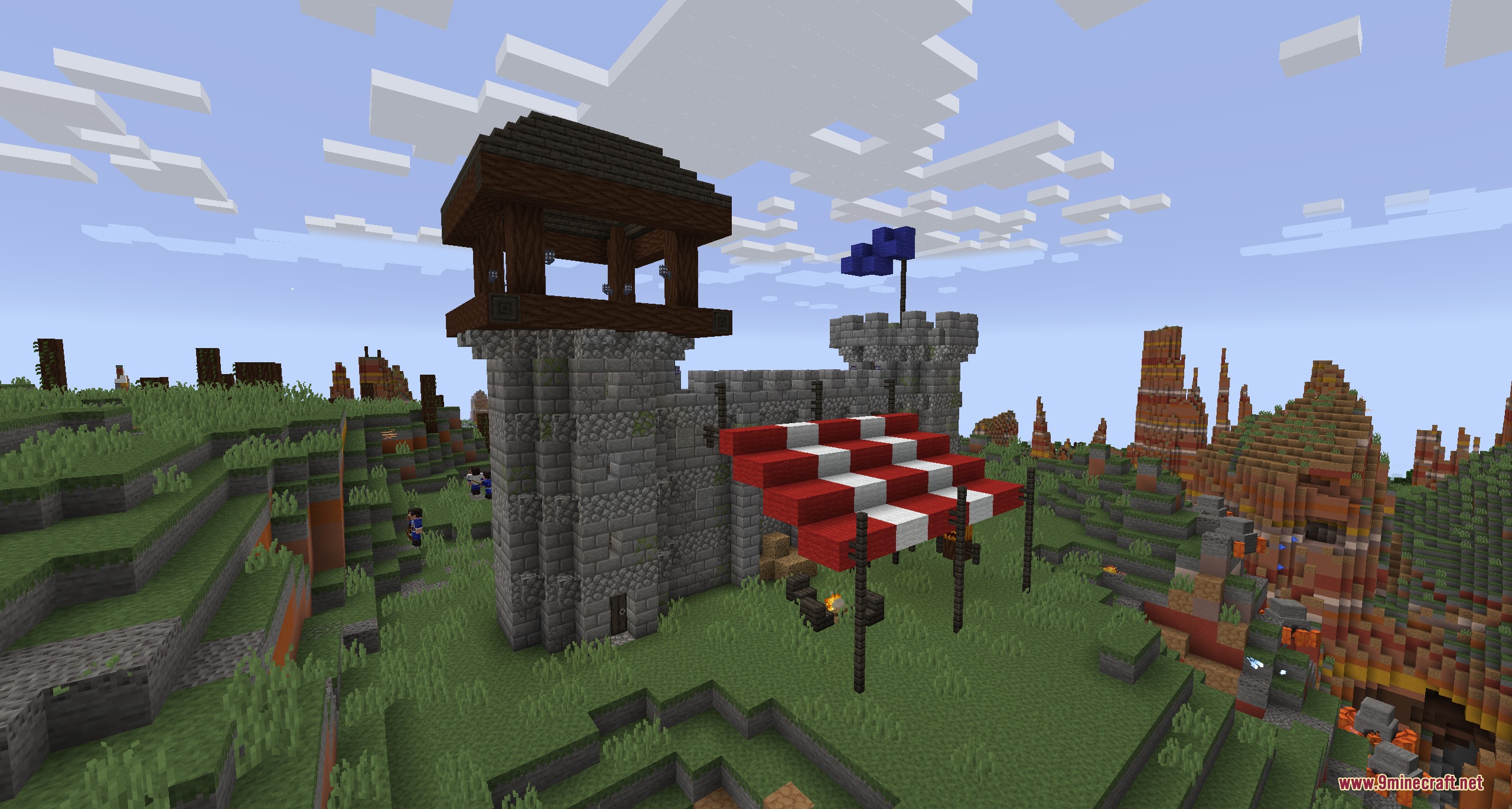 Stormward Mod Screenshot 7 A stone tower and red striped awning in the Shattered Plains biome