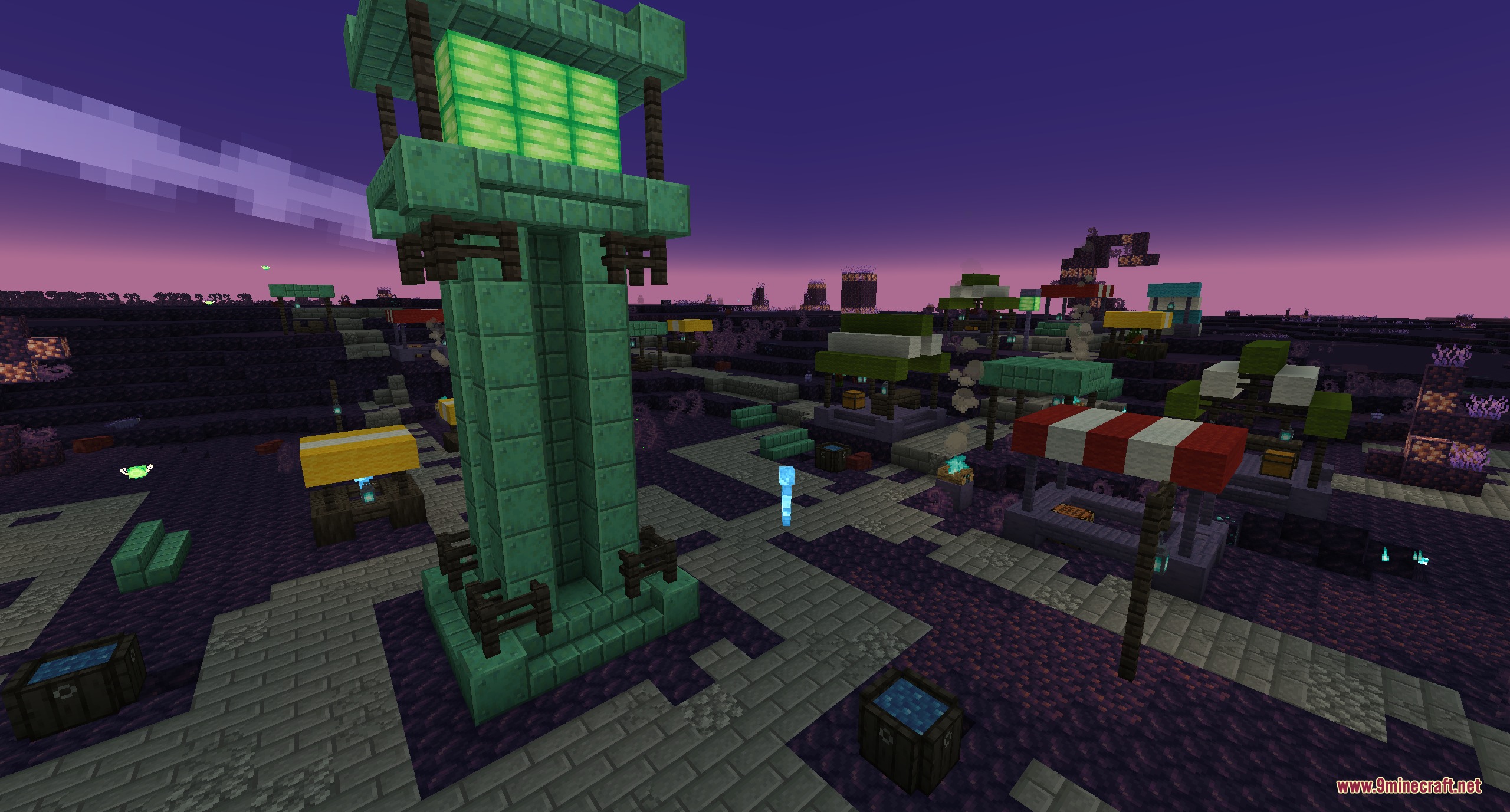 Stormward Mod Screenshot 8 Glowing teal tower and colorful market stalls under a purple evening sky