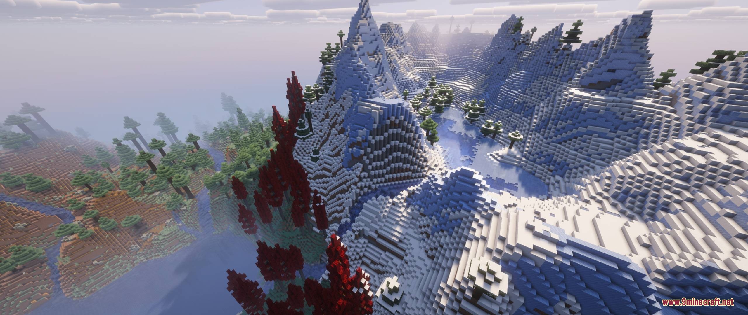Streams Reflowing Mod Screenshot 4 A river flows through a snowy mountain valley with unique red trees