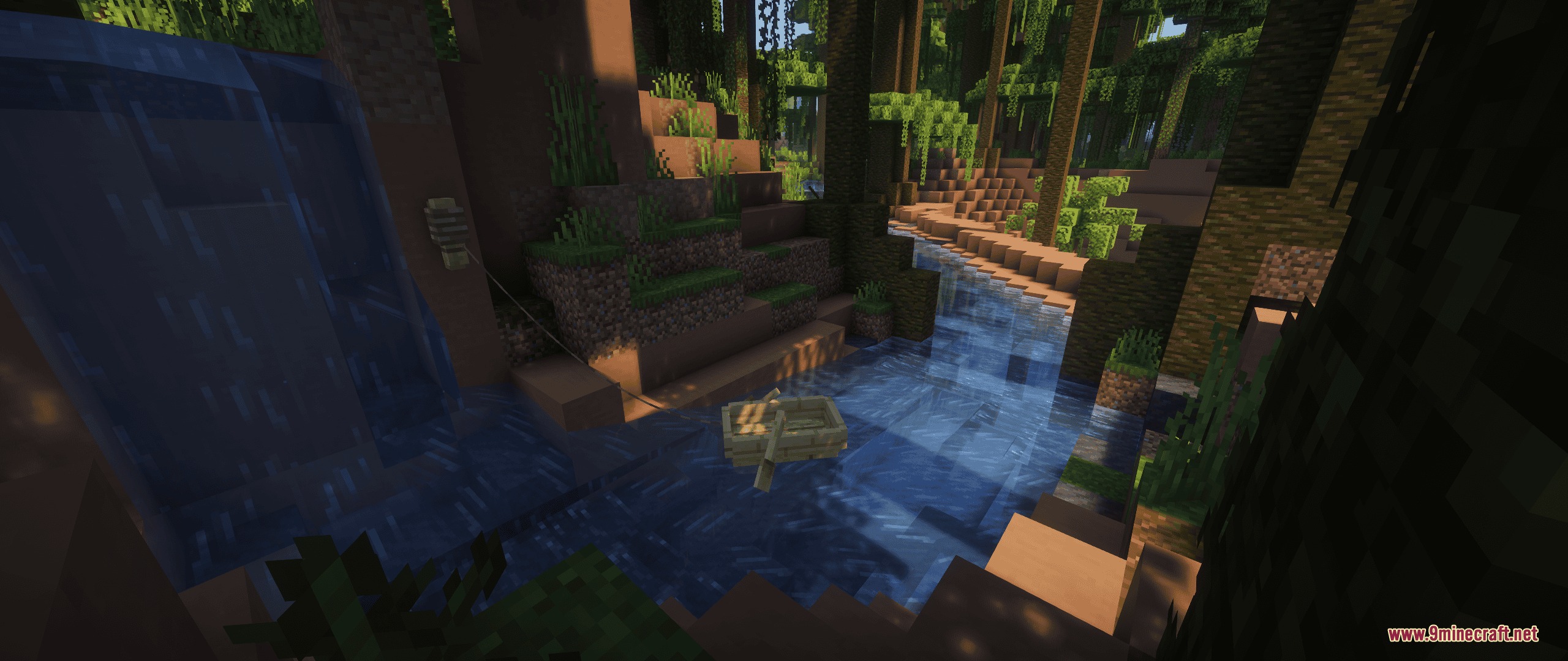 Streams Reflowing Mod Screenshot 6 A wooden boat floats on a flowing river near a lush jungle waterfall