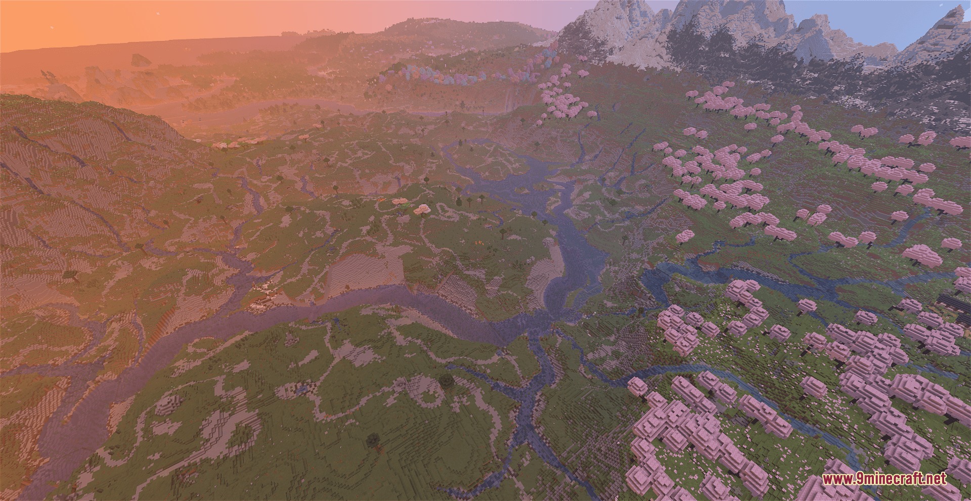 Streams Reflowing Mod Screenshot 7 A winding river flowing through a vast landscape of hills and cherry blossoms