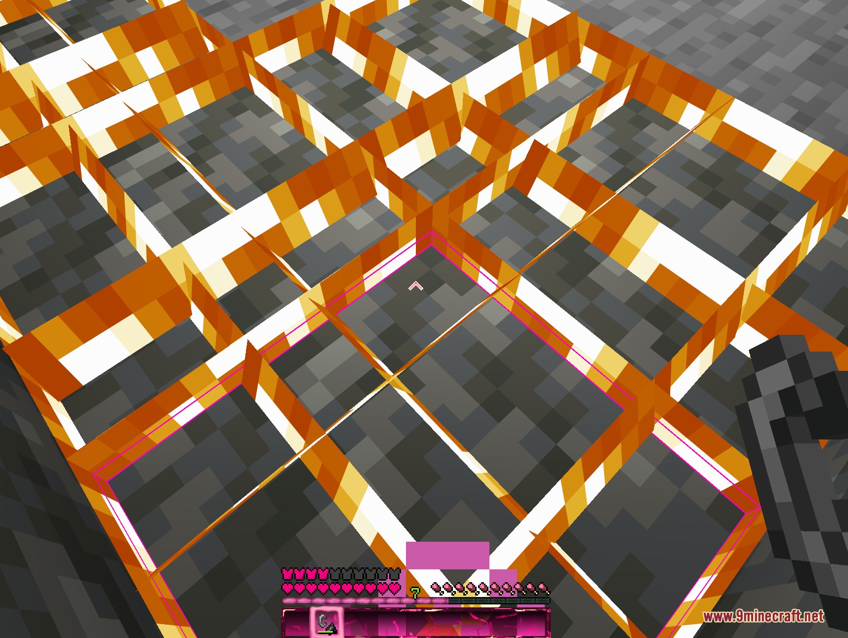 Strudelgame V2 Resource Pack Screenshot 1 A player stands near low fire with a custom pink user interface