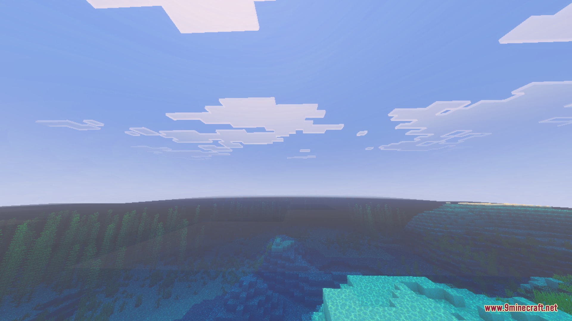 Stylista - Vibrant Visuals & RTX Shader Screenshot 1 A vast blue ocean with stylized clouds and underwater kelp plants