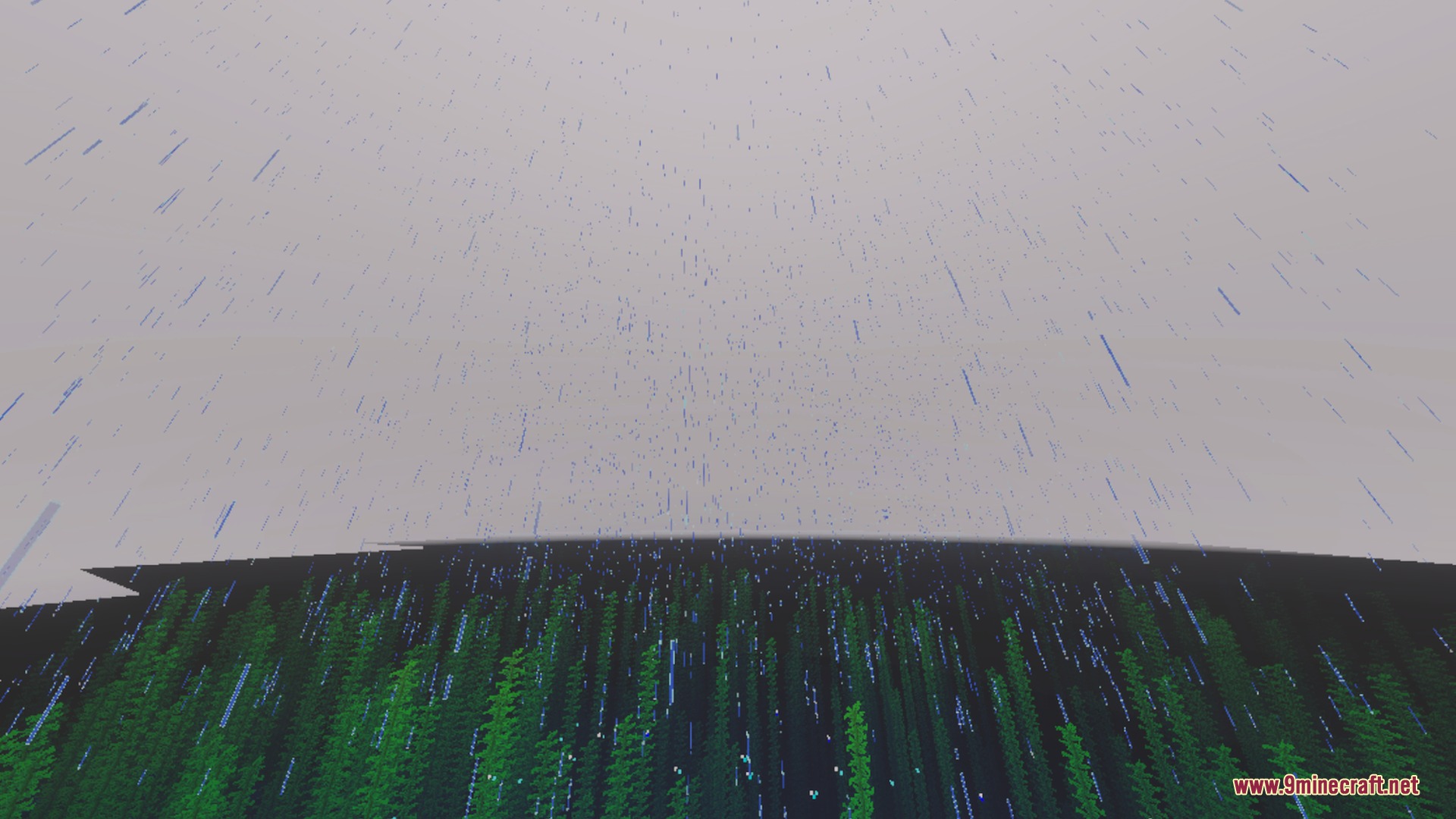 Stylista - Vibrant Visuals & RTX Shader Screenshot 10 Rain falling through a dark stylized forest canopy in a Minecraft world