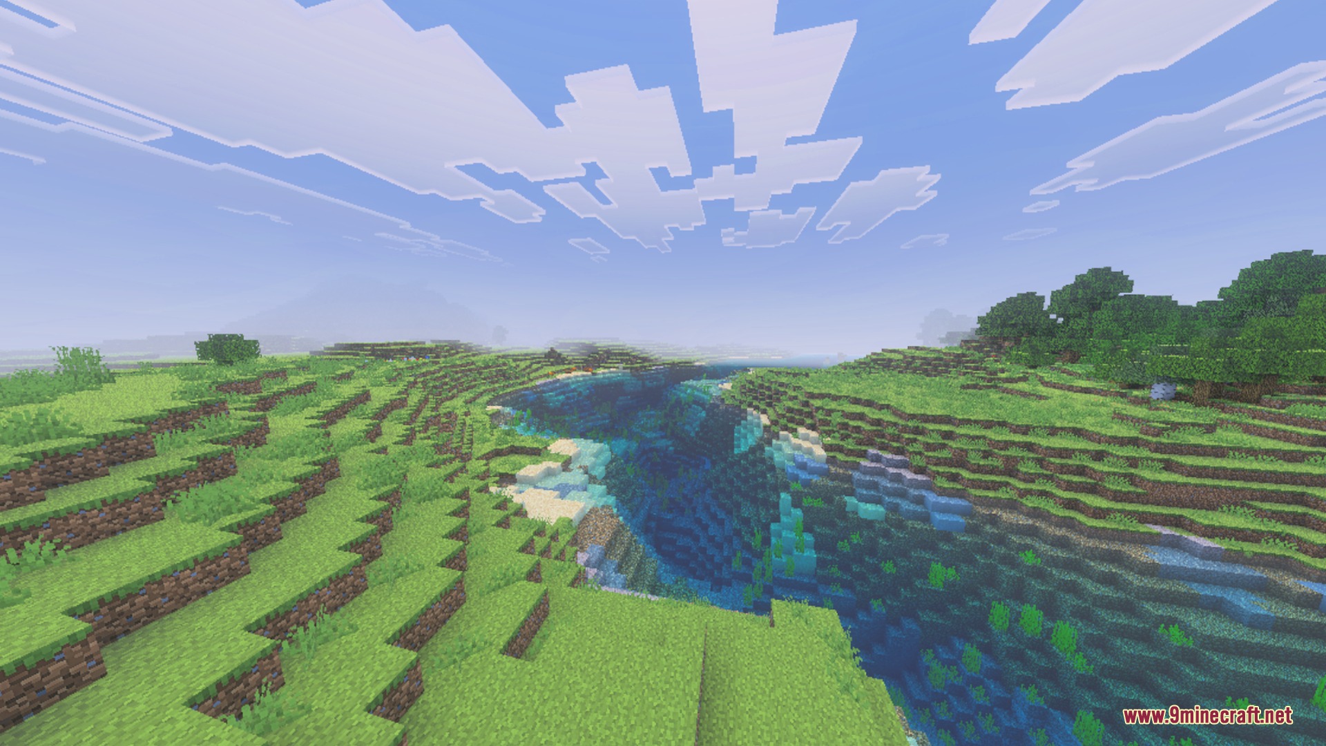 Stylista - Vibrant Visuals & RTX Shader Screenshot 5 Stylized green hills and a blue river under a bright daytime sky