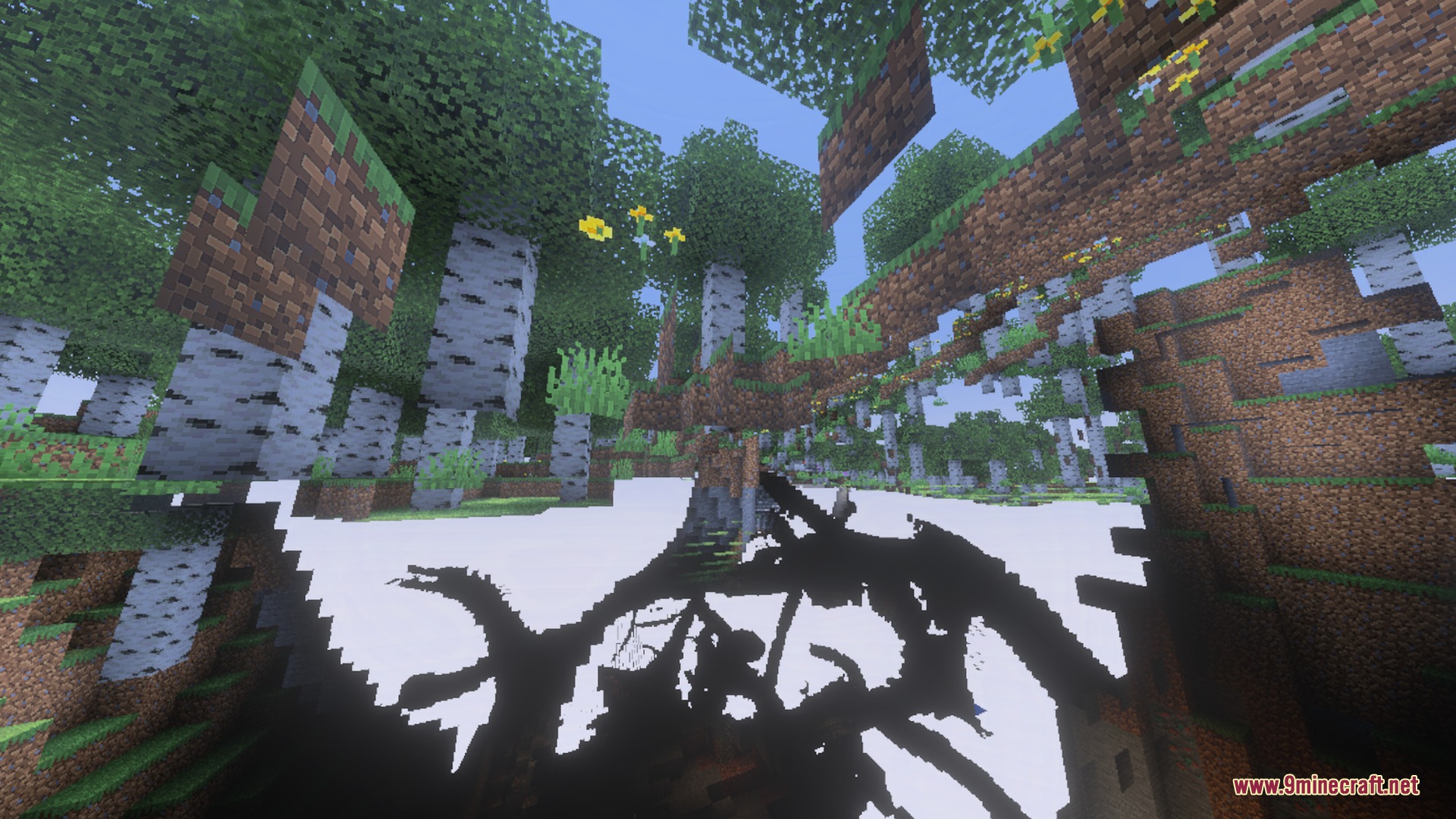 Stylista - Vibrant Visuals & RTX Shader Screenshot 9 Stylized birch forest with floating blocks and a large dark tree silhouette