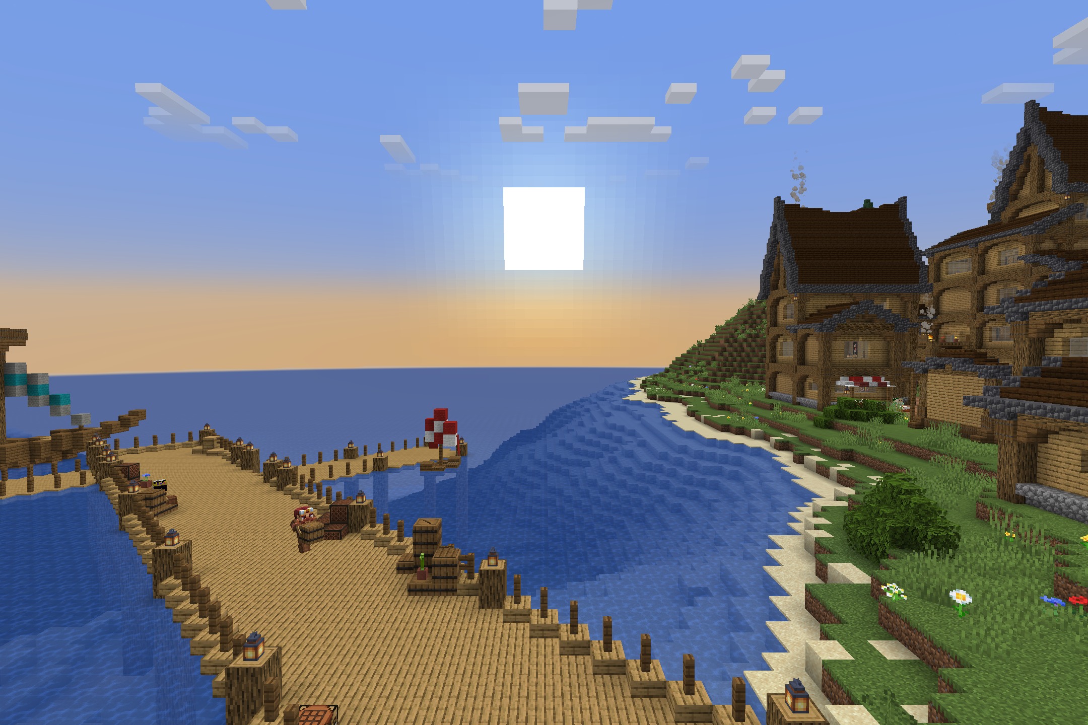 Stylized Liquids Resource Pack Screenshot 9 A wooden dock extends into the ocean with stylized water at sunset