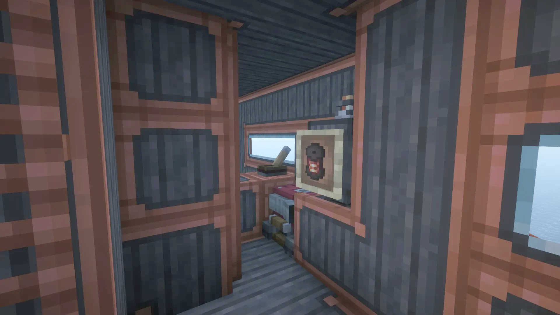 A narrow hallway inside a Minecraft submarine with copper walls and small windows