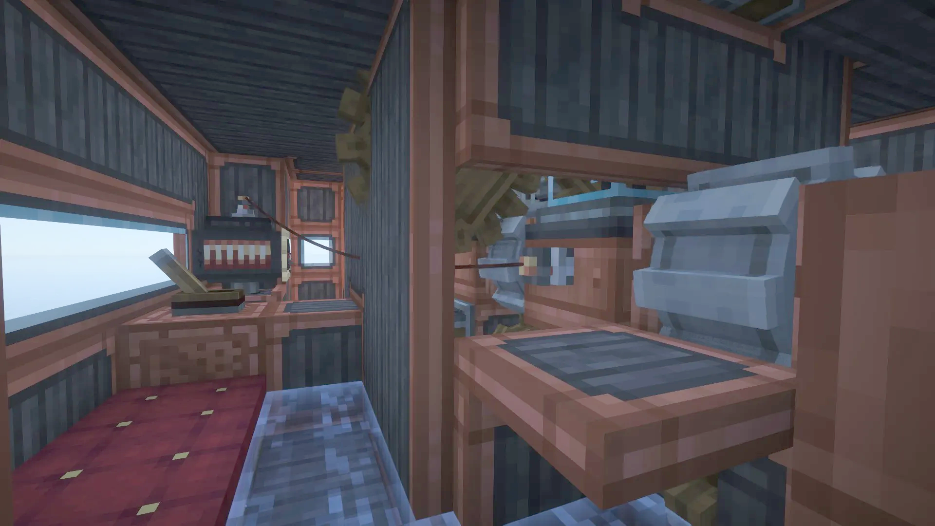 Detailed interior of a mechanical submarine featuring copper blocks and rotating gears
