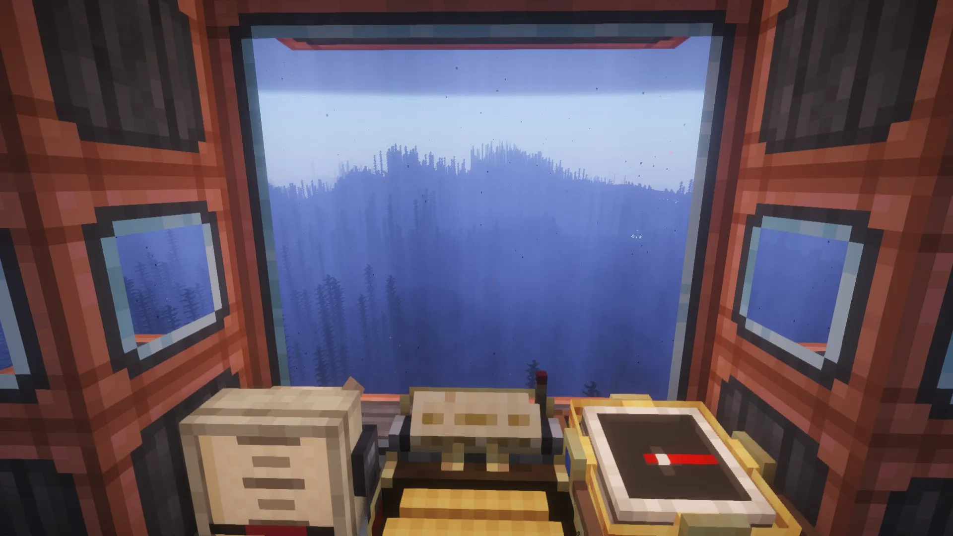 First person view from the submarine cockpit looking out at underwater kelp