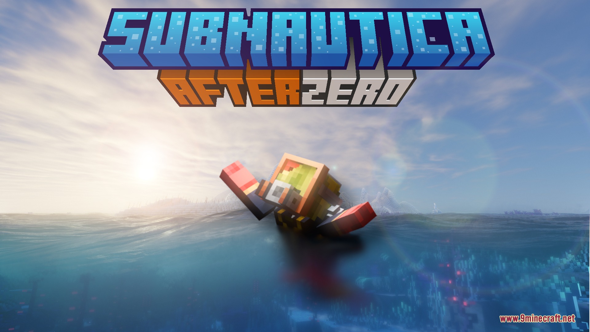 Subnautica After Zero Mod Screenshot 1 Subnautica After Zero mod title screen with a character floating in the ocean