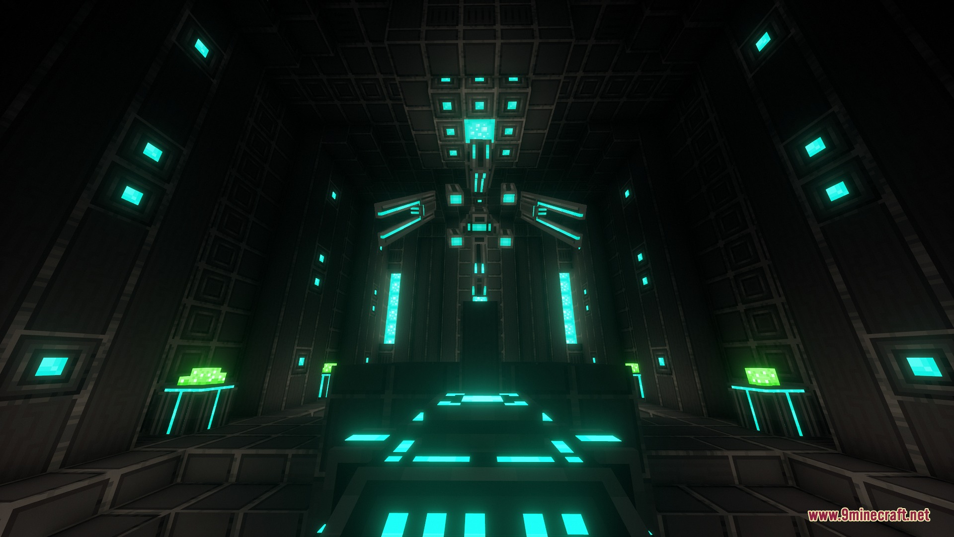 Subnautica After Zero Mod Screenshot 2 A dark precursor facility room with glowing cyan lights and futuristic block structures