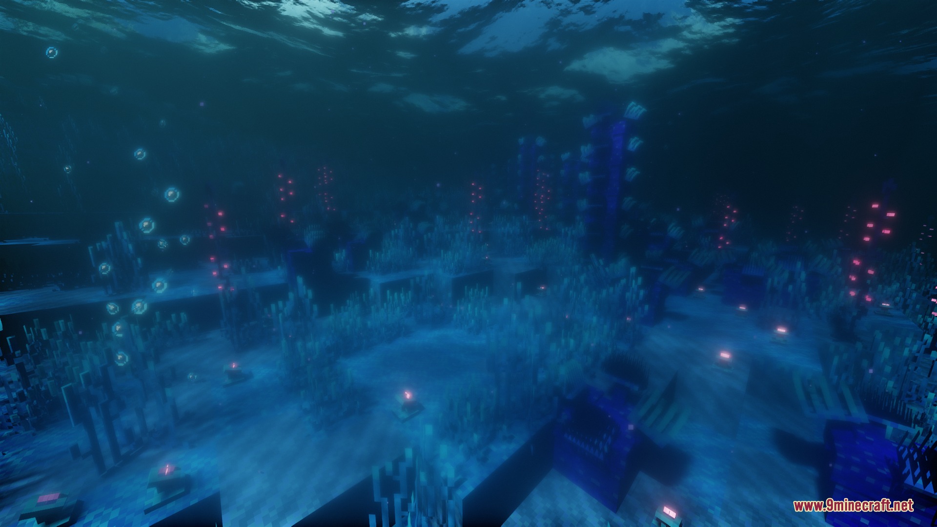 Subnautica After Zero Mod Screenshot 4 Vibrant underwater world featuring glowing red plants and deep blue ocean structures