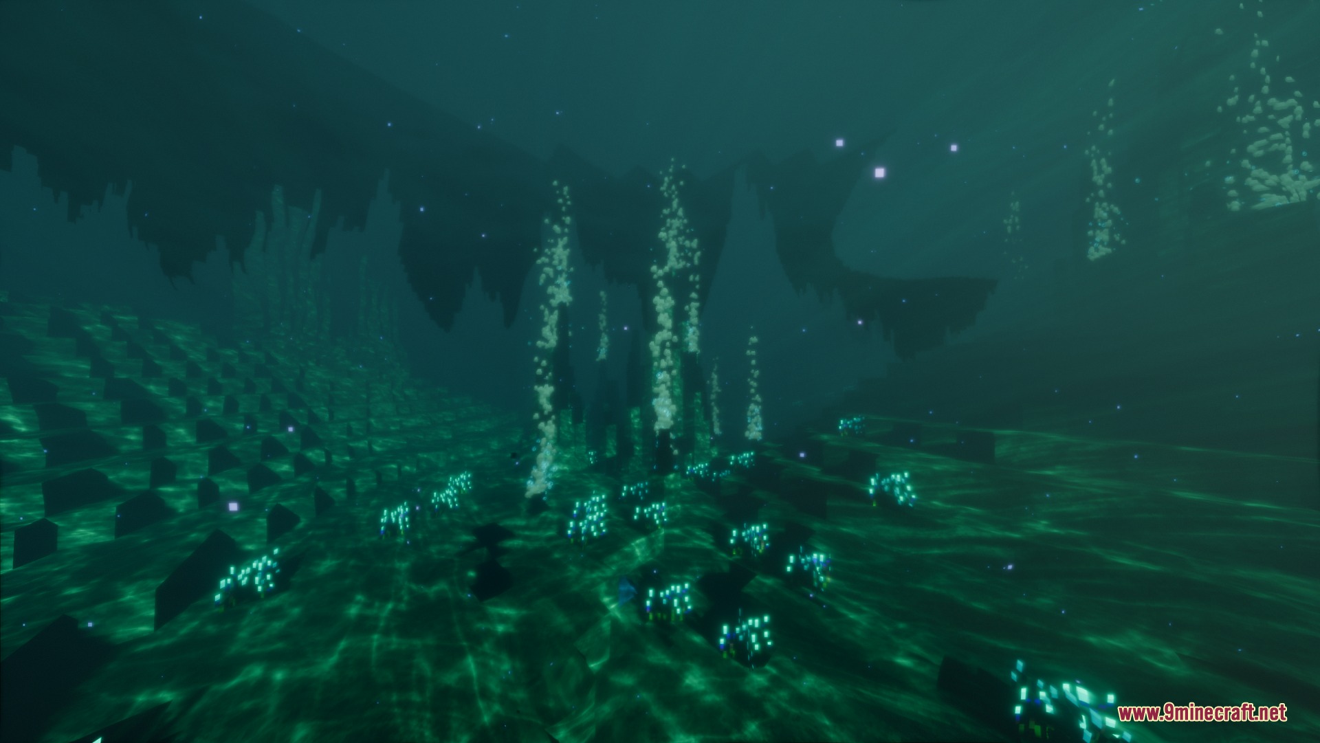 Subnautica After Zero Mod Screenshot 5 Bioluminescent plants and bubbles illuminate a dark underwater cave in the ocean