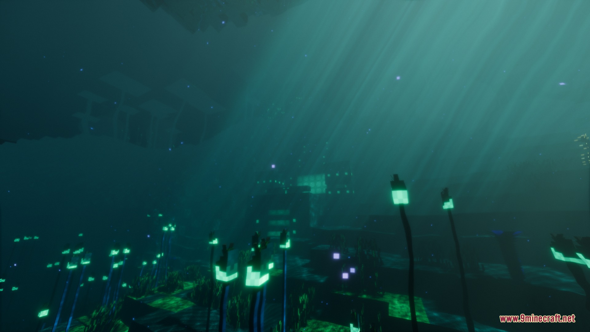Subnautica After Zero Mod Screenshot 6 Rays of sunlight shine through the water onto glowing alien flora underwater