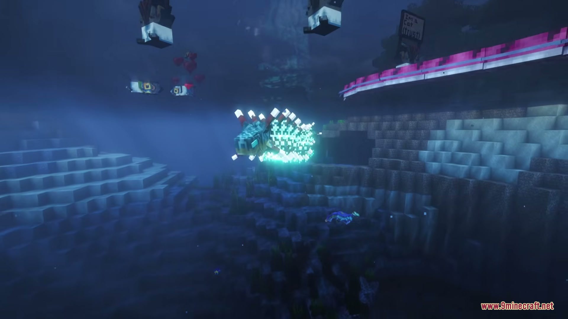 Subnautica Ember Mod Screenshot 2 A bioluminescent fish swims through the dark depths of a Minecraft ocean
