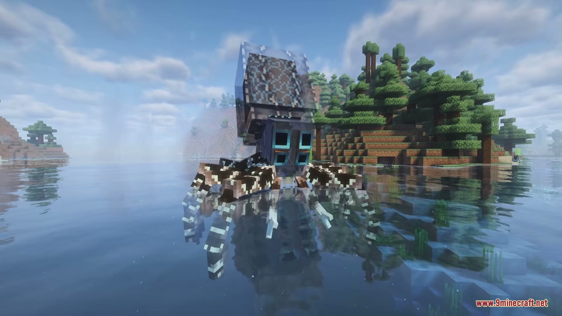 Subnautica Ember Mod Screenshot 3 Giant Blood Crawler creature standing on the water surface in Minecraft