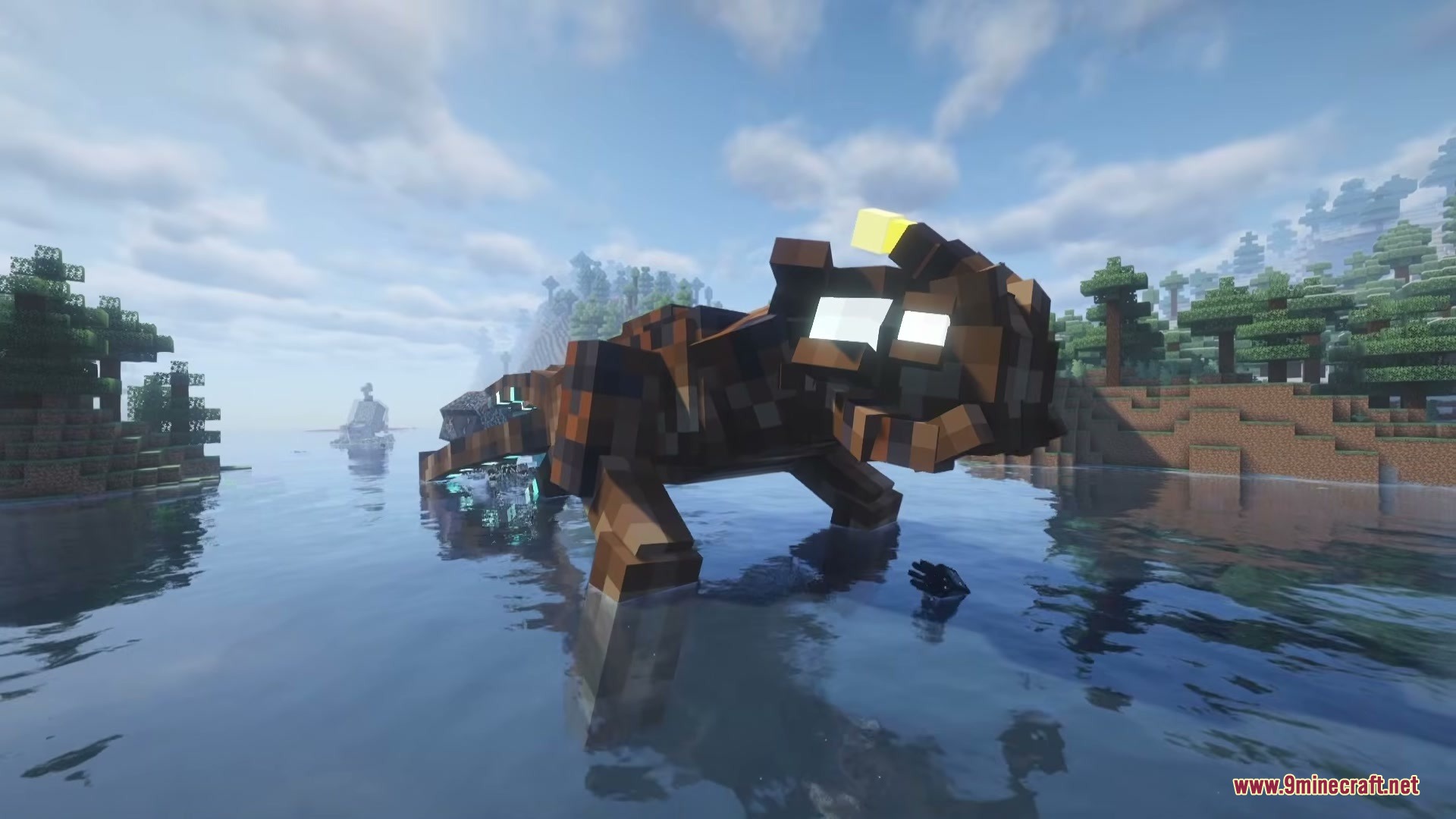 Subnautica Ember Mod Screenshot 4 Large brown Boneshark monster with glowing eyes walking through the water