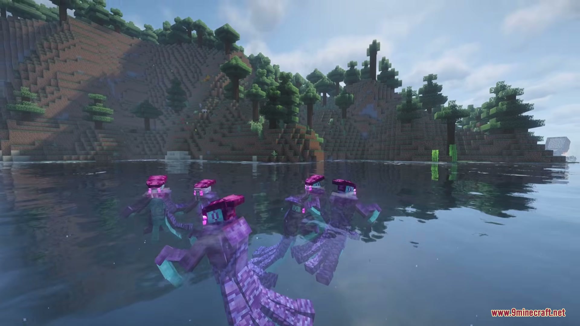 Subnautica Ember Mod Screenshot 5 A group of purple alien creatures swimming in a lake near the shore